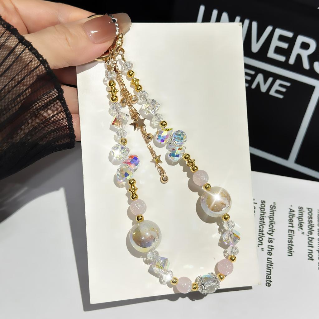 For Light Luxury Crystal Mobile Phone Chain Beaded Short Wrist Chain Fashion Butterfly Pendant Gold Leaf Hand-Made Lanyard