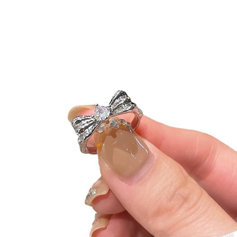 Rabbit Bow Pink Zircon Stacked Open Ring Niche Design High Sense Cold Wind Ring Woman