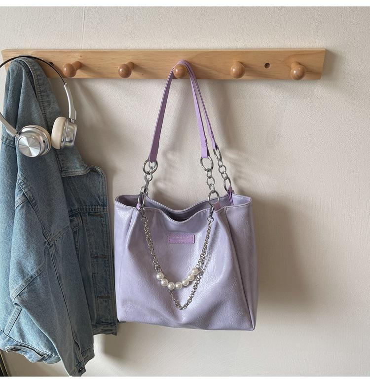 Solid Color Pu Leather Women's Shoulder Bag Sweet Pearl Chain Ladies Casual Tote Large Capacity Portable College Girls Handbags