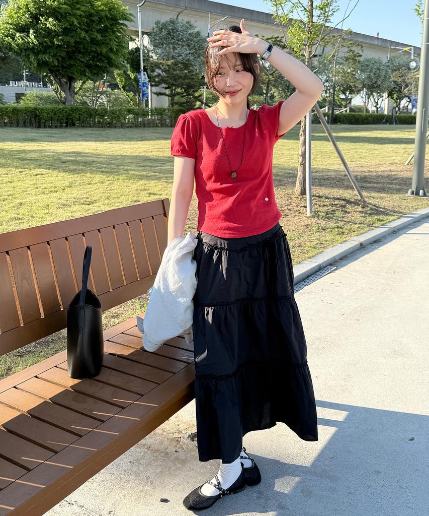 T Maker Shirred Frill Ribbon Long Skirt Bk