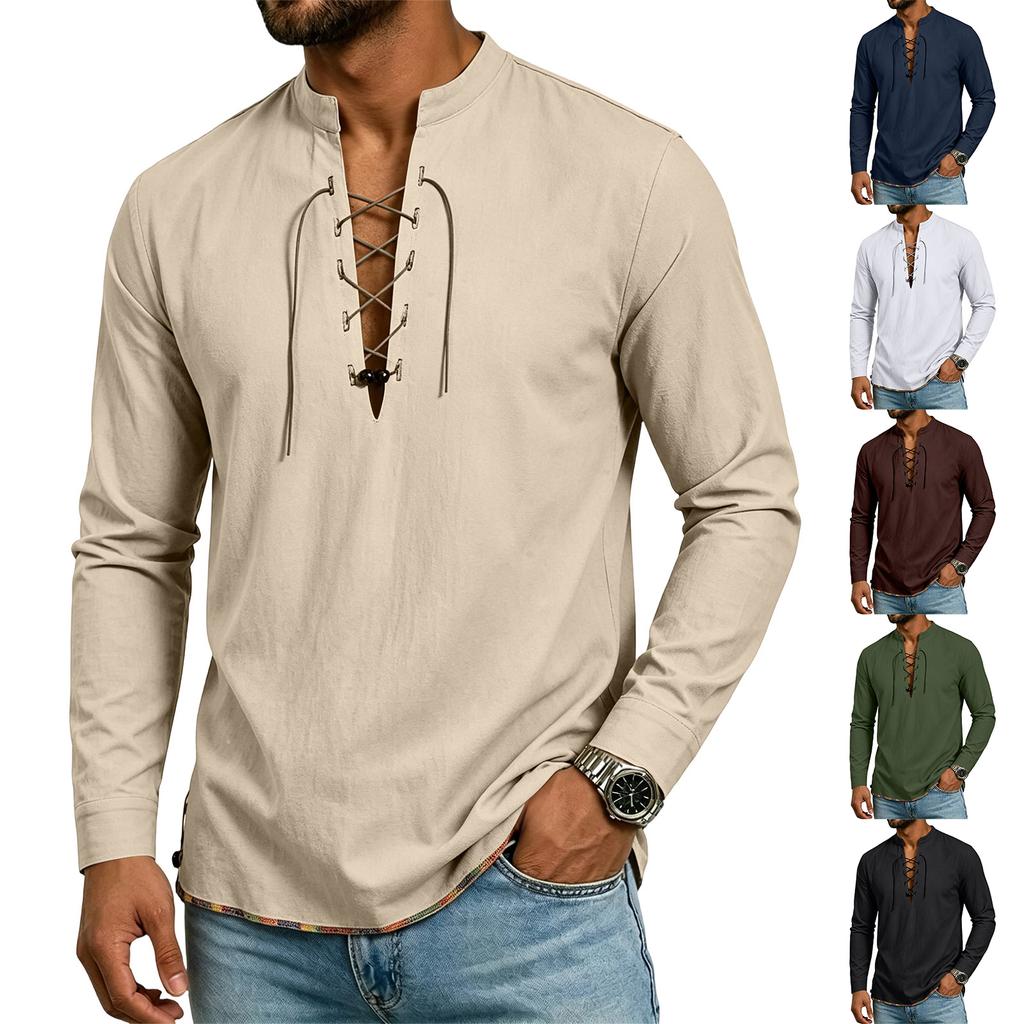 Men's Casual Hippie Style Drawstring Collar Long Sleeve Shirt Cotton Linen Blend Lightweight Comfortable Top for Everyday Wear