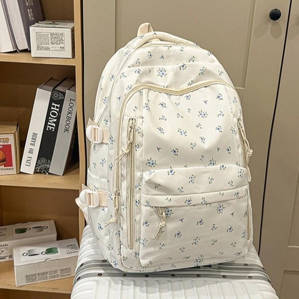 Multi-compartment Bow Pattern School Bag Multi-pocket Rucksack Floral Print Backpack Travel