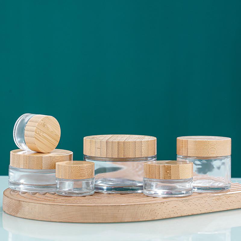 Portable Glass Cream Jar with Wood Grain Lid for Face, Eye Cream, and Masks