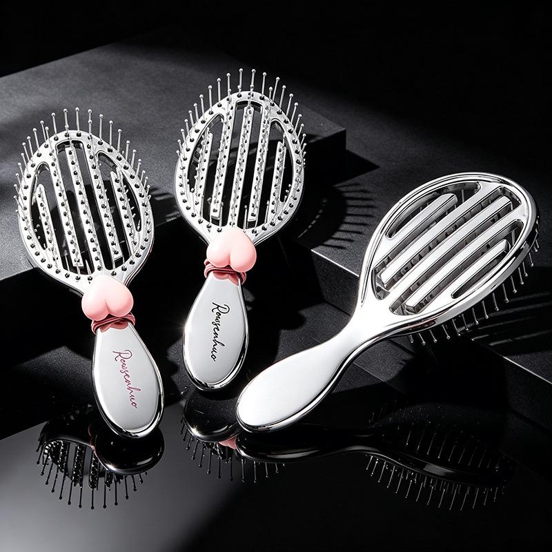 Electroplated Silver Massage Comb with Folding Mirror and Anti-Static Air Cushion – Student Girl Ins Style
