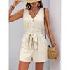 Women's V Neck Striped Sleeveless Romper Belted Waist Button Front  Casual Resort Wear