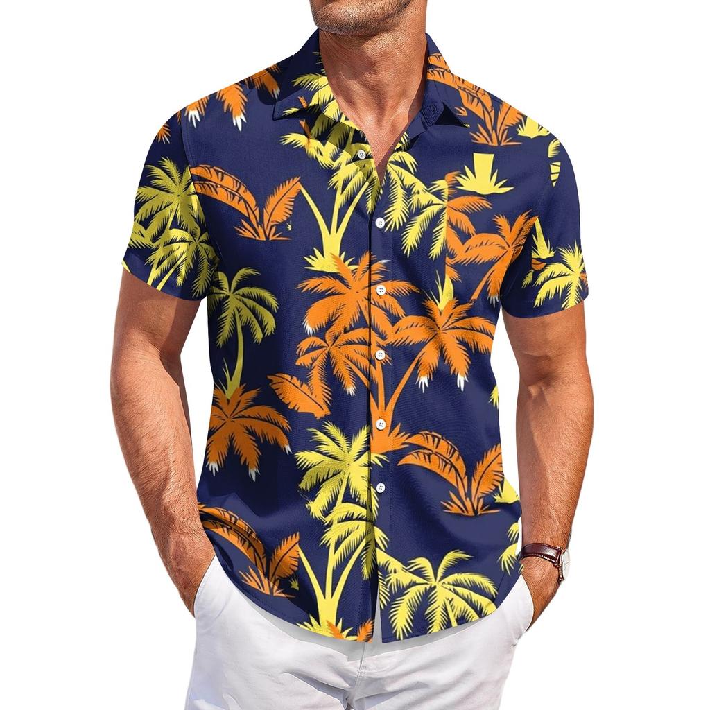 Men's Casual Loose Fit Short Sleeve Shirt Hawaiian Style Button Down Tropical Leaf Print Summer Beachwear Shirt