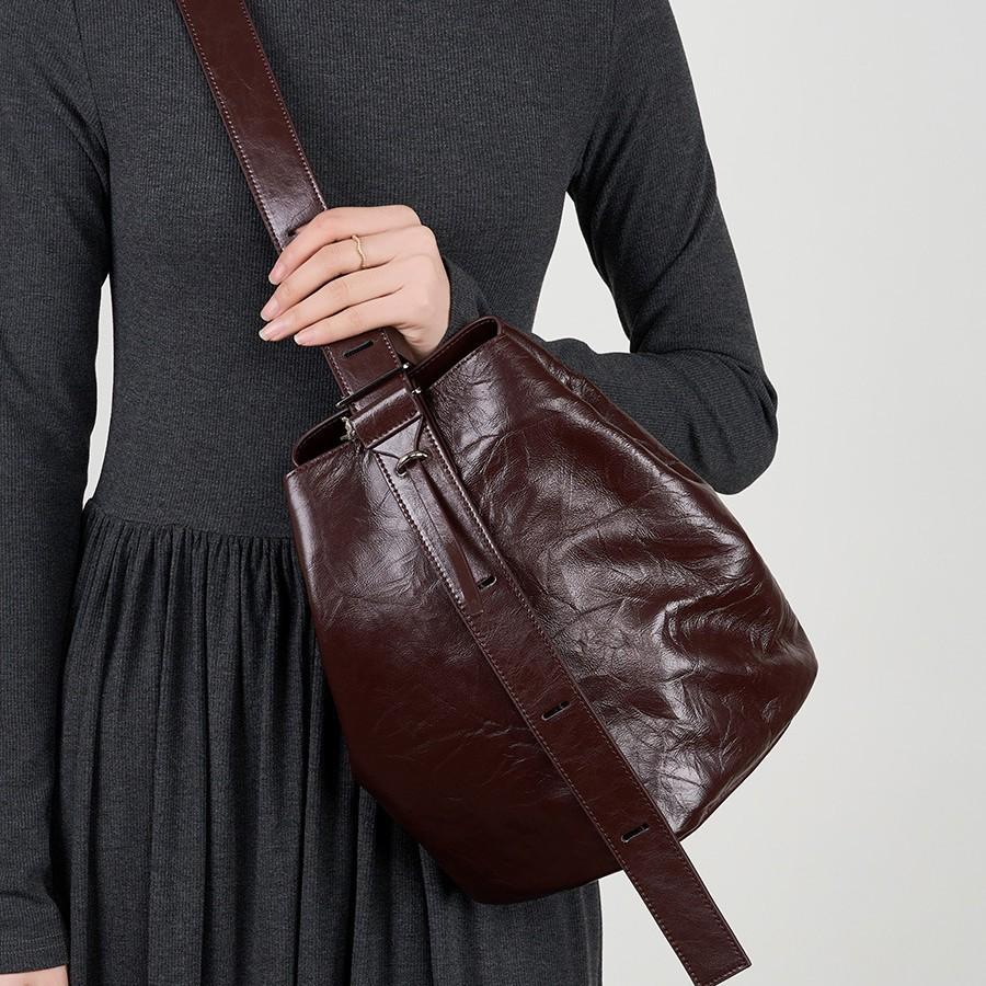 Faul Und Bequem Plissierte Erste Schicht Rindsleder Eimer Tasche Damen Premium Tragetasche Echtes Leder