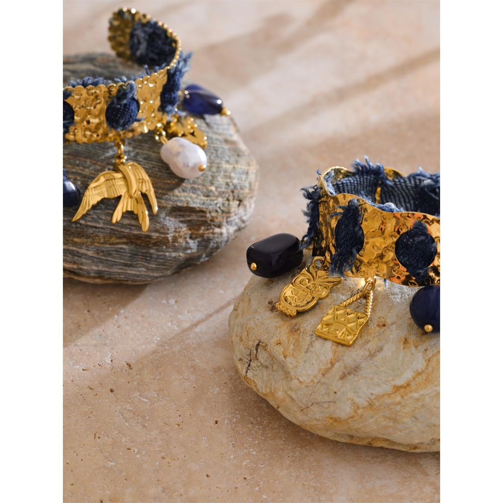 Eetit Exklusives Design Blauer Denim Acrylperle Vogel Herz Tropfen Manschette Retro Armband Edelstahl Markanter Anhänger Schmuck