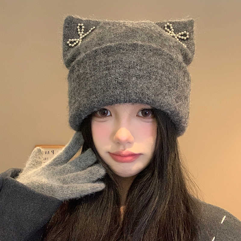 Korean Cute Cat Ear Wool Hat for Women In Autumn and Winter New Windproof Warm Pullover Hat Big Head Circumference Pile Hat Trendy