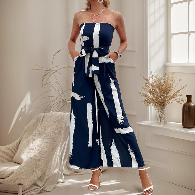 Vacation Wide-leg Pants Summer Printed Strapless Jumpsuit