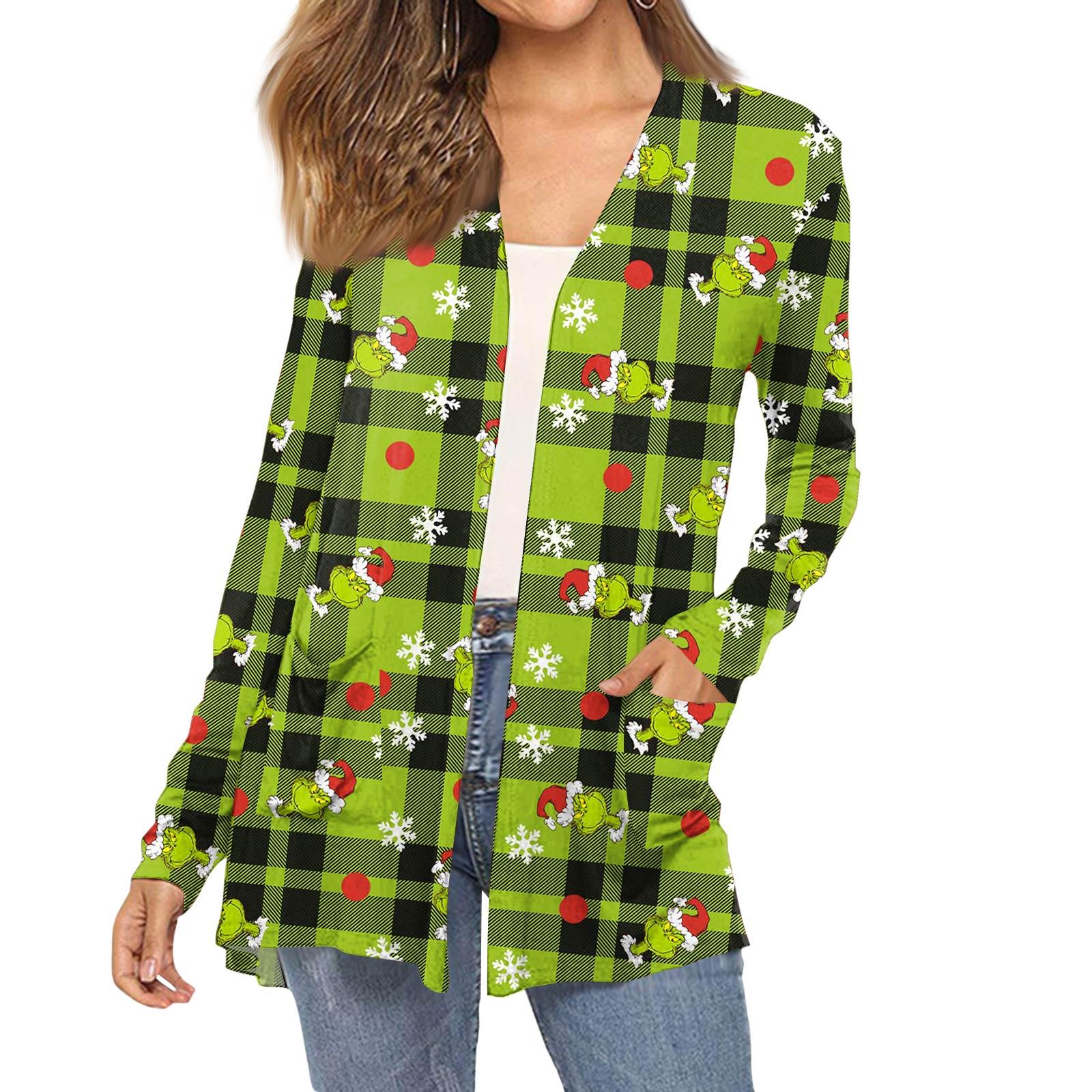 

Женский модный кардиган-пальто с длинным рукавом, карманами, приталенного силуэта и рождественским принтом XL