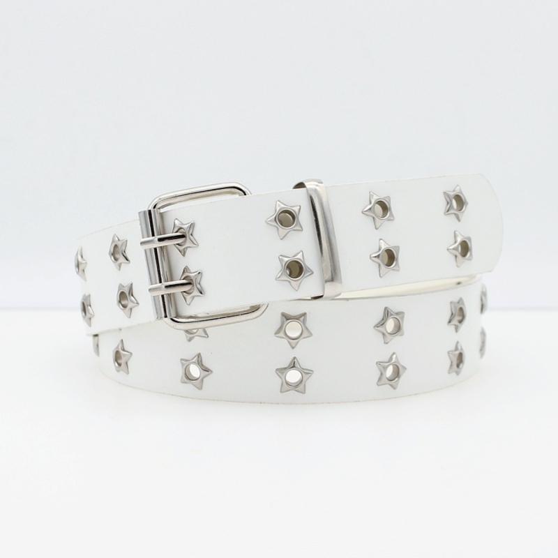 Double Prong Buckle Faux Leather Belt 1Pcs Black Silver Star Studs Cool Punk Style for Men Women Jeans Skirt Matching