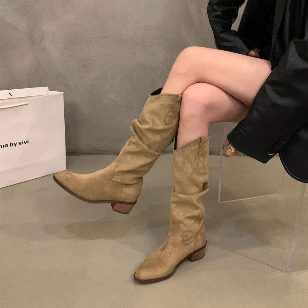 Grov klack veckade långa ridstövlar damskor 2025 nya höst- och vinter västerländska tunna och smala långa stövlar