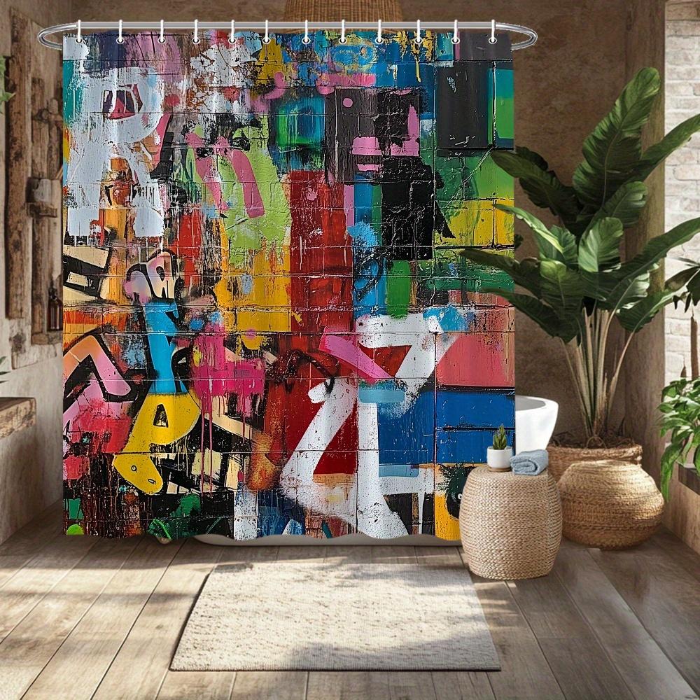 Abstract Graffiti Shower Curtain – Vibrant Street Art, Colorful Urban Design, 70.8x70.8in, Polyester, Includes Hooks