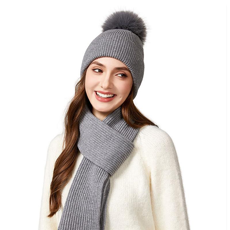 Knitted Hat Scarf Set Women's Autumn Winter Thick Fur Ball Wool Hat Outdoor Ear Protection Warm Hat