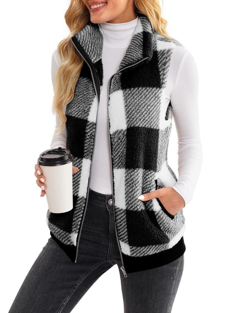 Women's 2025 Autumn/Winter Plaid Plush Sleeveless Cardigan with Stand-up Collar and Zipper