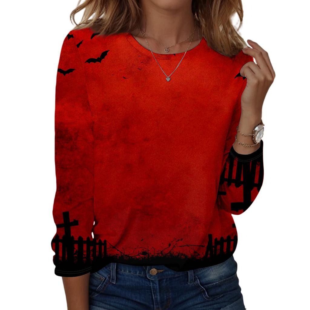 Women's Casual Long Sleeve Pullover Top Halloween Print Round Neck Shirt Lightweight Comfortable Fit for Daily Wear