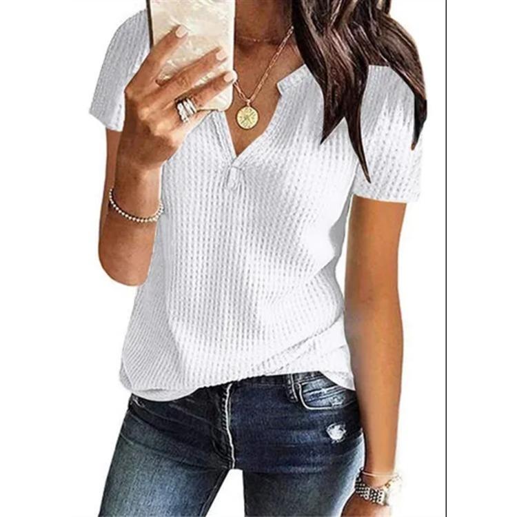 IHUASU Spring Summer Solid Color Short-sleeved V-neck Waffle Top for Women
