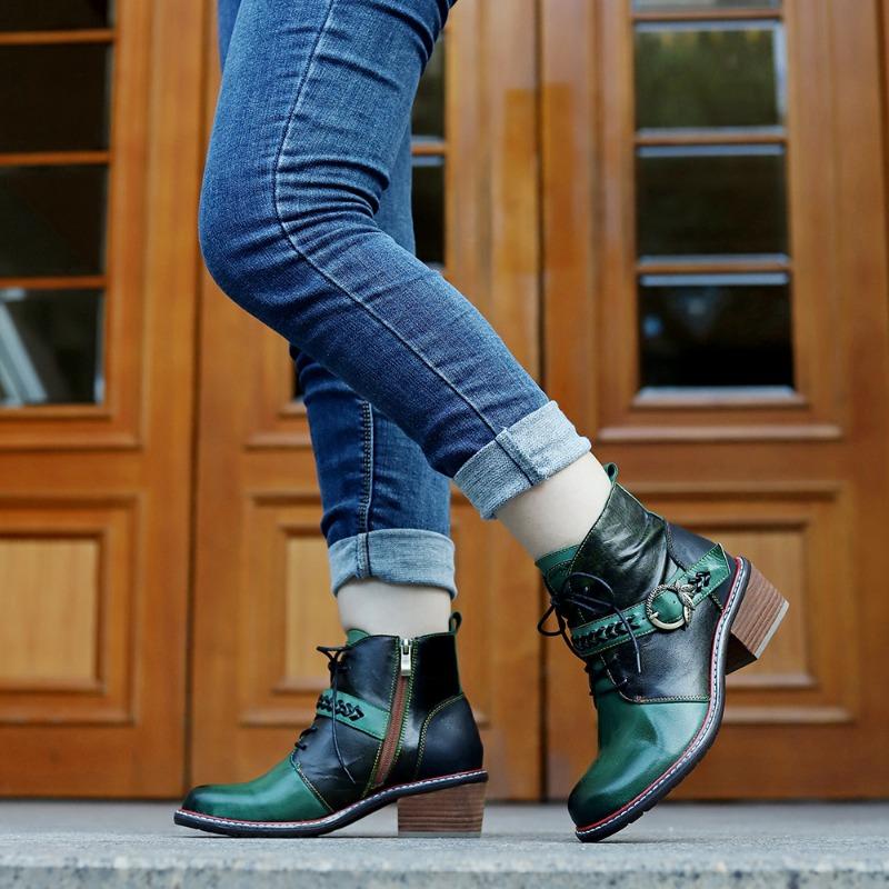 Herfst en winter nieuwe handgepolijste leren retro comfortabele dikke hak korte laarzen