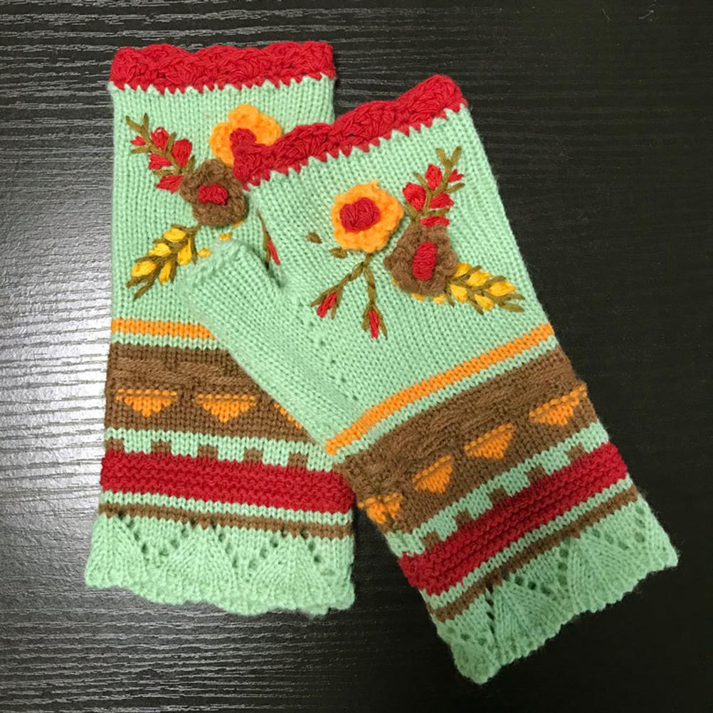 Vintage Multicolor Knitted Gloves with Floral Winter Warm Fingerless Gloves Knit Gloves for Girls Women