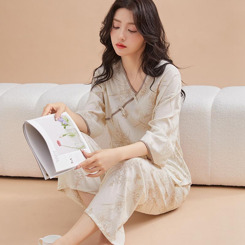 Classical national style new Chinese pajamas women's spring, summer and autumn new cotton silk disc buckle sweet loungewear hanfu two-piece set