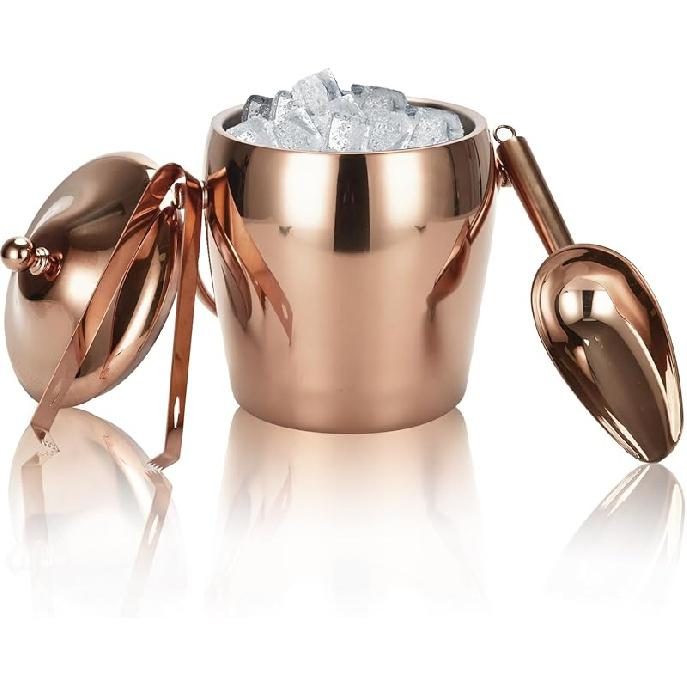 Ice Bucket Champagne Bucket with Tongs Scoop Lid, Double Wall Wine Bar Freezer Ice Bucket with Stand & Carrying Handle, Stainless Steel Mirror Bucket розового золота