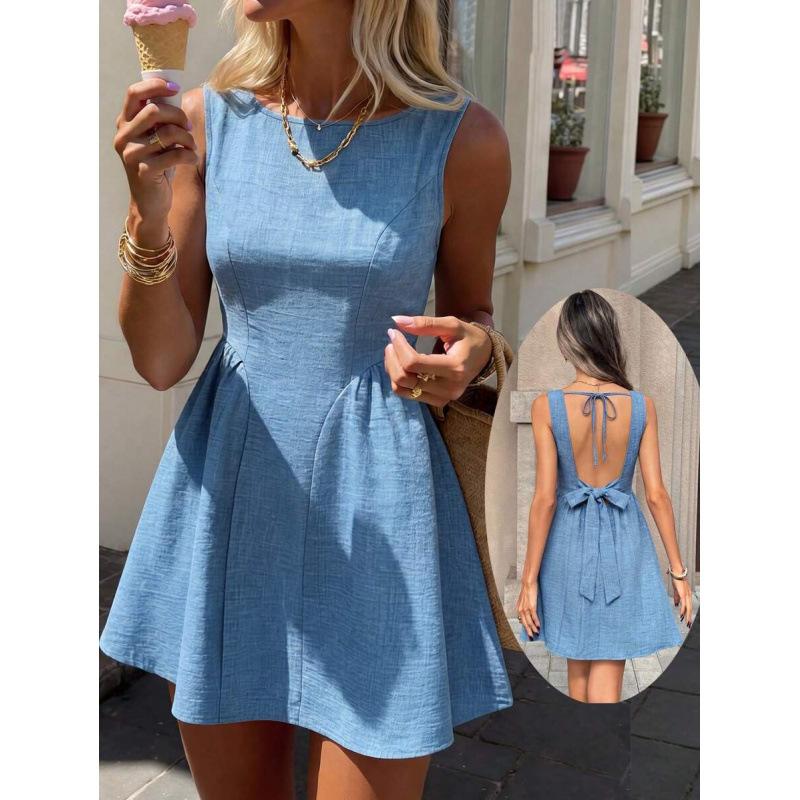 European summer new casual French temperament elegant round neck backless lace-up design dress XS