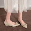 Rhinestone Buckle Wedge Heel Wedding Shoes - Women's Pointed Toe Flats with Inner Height Increase.