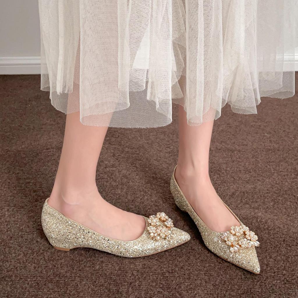 Rhinestone Buckle Wedge Heel Wedding Shoes - Women's Pointed Toe Flats with Inner Height Increase.