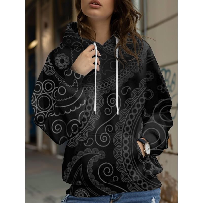 Womens Relaxed Fit Hooded Long Sleeve Sweatshirt With 3D Floral Plaid Print Breathable Comfort Casual Top