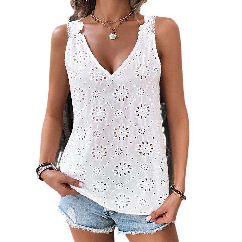 Embroidered V-neck Lace Strap Tank Top with Cutouts - 2023 European and American Style Women's Fashion.