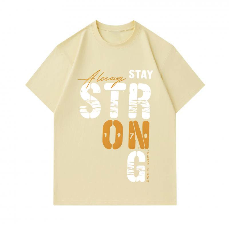 Men's 100% Cotton Crew Neck Short Sleeve T-Shirt, Always Stay Strong Letter Print Casual Comfortable Lightweight Tee for Daily Home Outdoor Wear, Loos