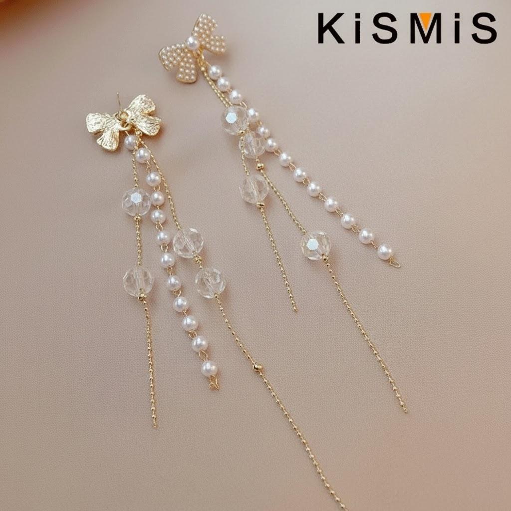 Stylish Pearl Long Tassel Crystal Pendant Earrings for Women Fashion Jewelry Elegant Bow Knot Design