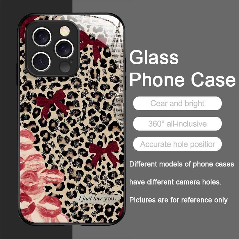 Artistic Leopard Print Cherry Red Lips Tempered Glass Phone Case for IPhone 16 Pro Max 15 14 13 12 Mini 11 XS XR 7 8 Plus Cover