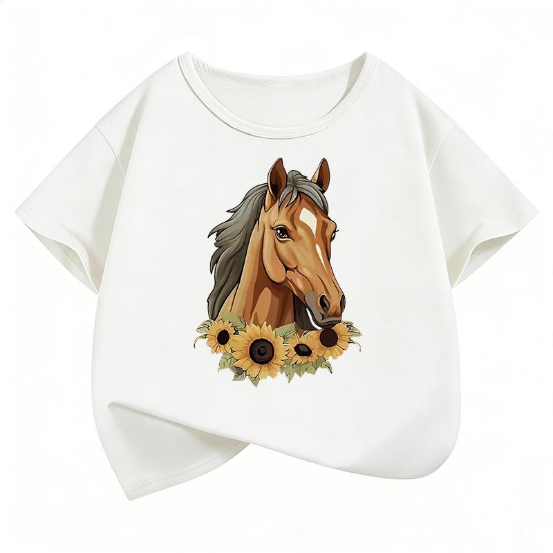 Fashion Horse with Flower T-Shirt Girls Animal Printed T Shirt Girls' Summer Clothes Short Sleeve Tops T-Shirts Cute Clothing