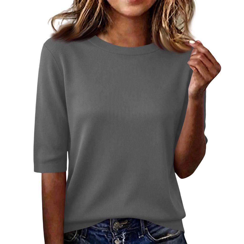 Loose Fit Ribbed Knit Top Women Half Sleeve Pullover Lightweight Summer Casual Round Neck Shirt