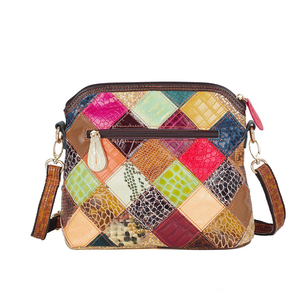 Damen Leder Umhängetasche mit Schlangenprint zufällige Blumenfarbe Mosaik Fransen kleine Tasche Mode