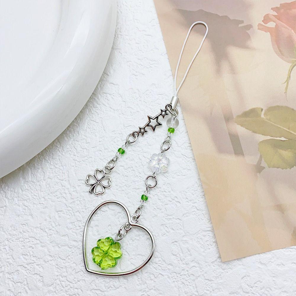 Summer Lucky Grass Phone Charms Green Four-leaf Clover Beaded Keychain Bag Pendant   Gifts