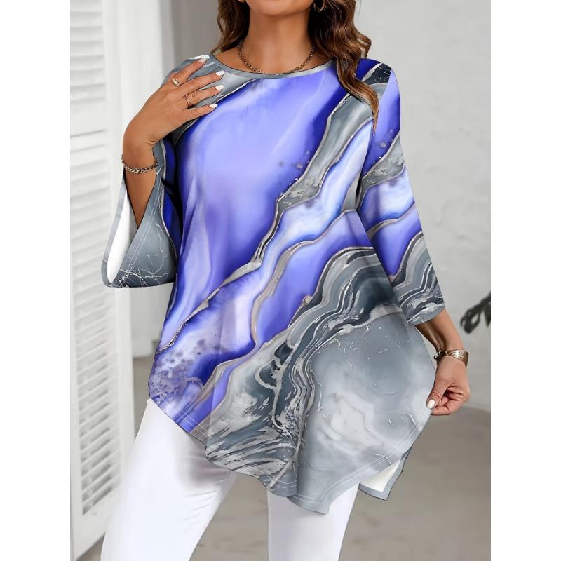 Top Mărime Mare cu Imprimeu Marmură, Gât Rotund, Tiv Neregulat, Croială Largă Subțietoare, Top Casual și Elegant cu Mâneci Lungi pentru Primăvară și Vară