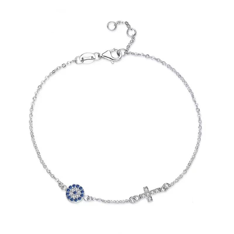 TONGZHE 925 Silver Hamsa Lucky Evil Eye Cross Bracelet Wonder Women Small Blue Cystal Stones Fine Wedding Jewelry