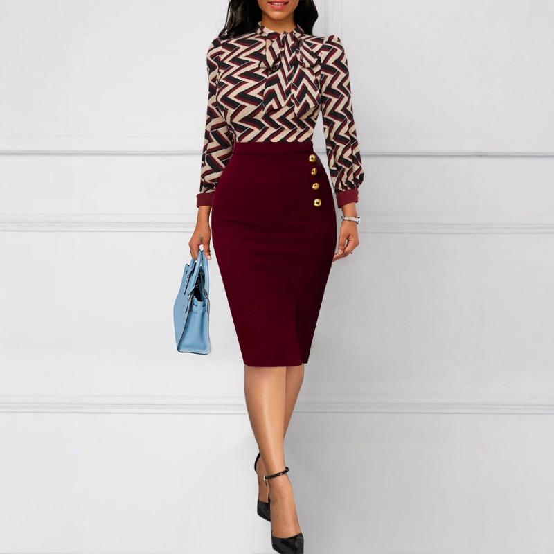 Spring and Autumn Women's Patchwork Dress Temperament Commuter Split Package Hip Dress