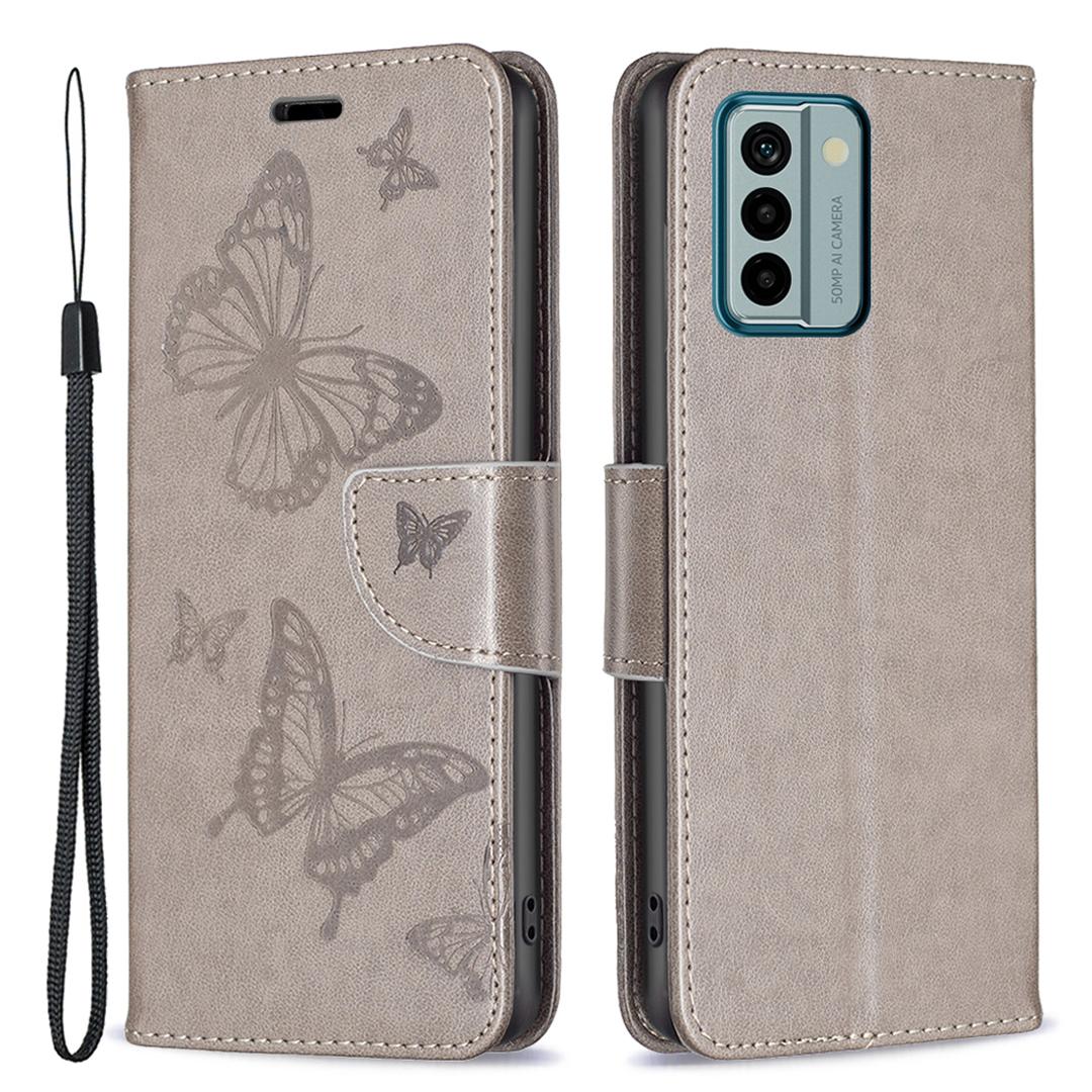 

For Nokia G22 Butterfly Imprinted Wallet Stand Phone Leather Case Phone Cover with Strap Grey