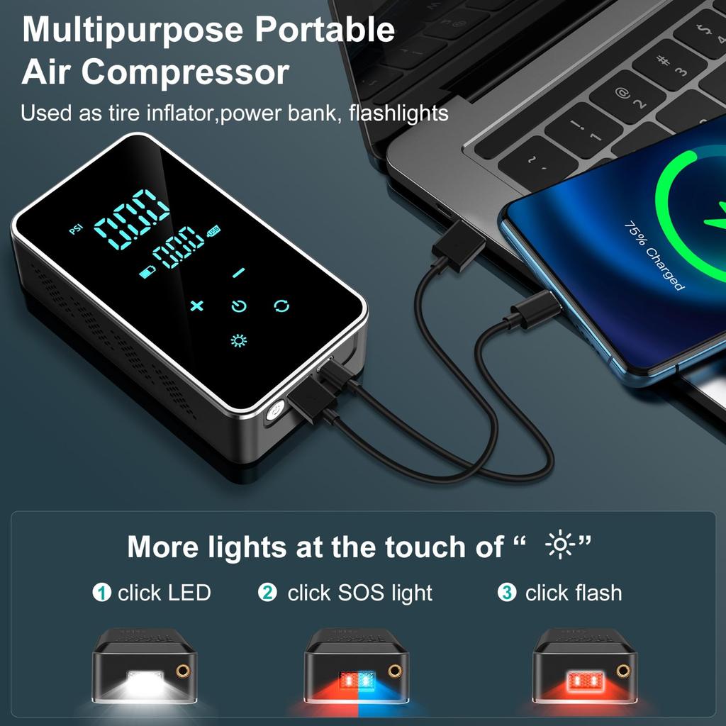 18000mAh Car Tire Inflator With LED Emergency Lights Portable Air Compressor Tire High-Pressure Pump With LED Display With Touch Screen