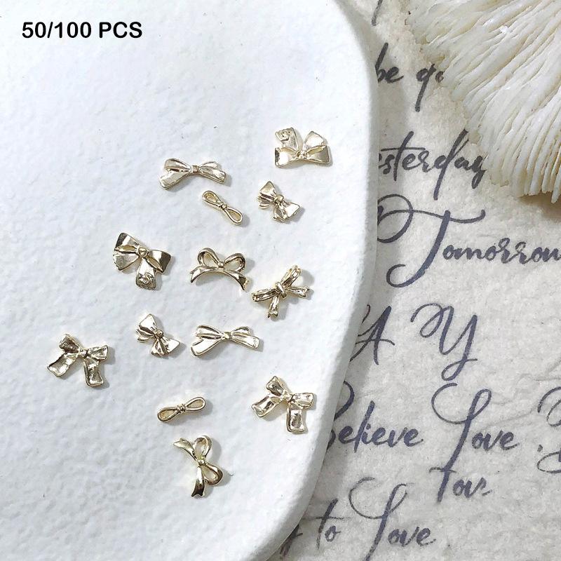50/100Pcs Silver Metal Bows Nail Art Charm 3D Alloy Silver/Gold Bowknot Ribbon Nail Decor Parts Diy Luxury Manicure Accessories