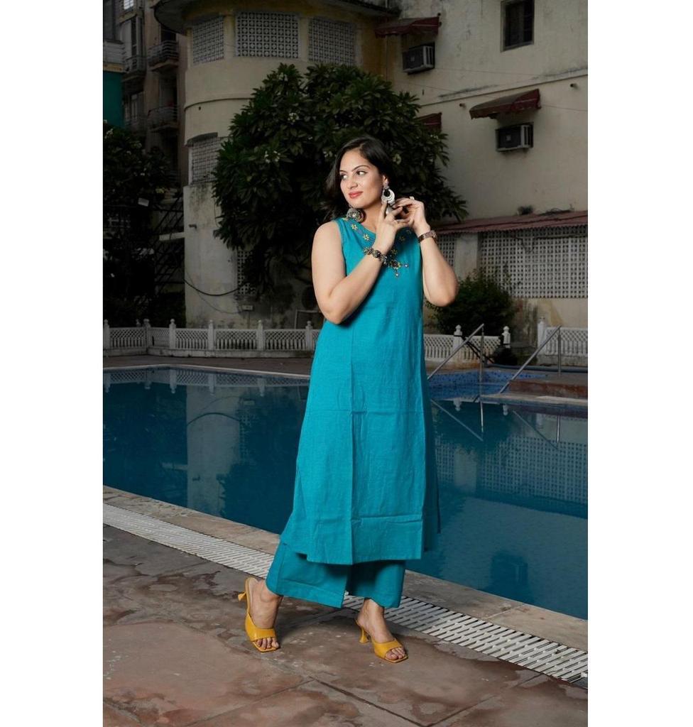 Set Kurta Palazzo da Donna in Cotone Designer Indiano Abbigliamento da Festa Top Tunica Kurti Senza Maniche