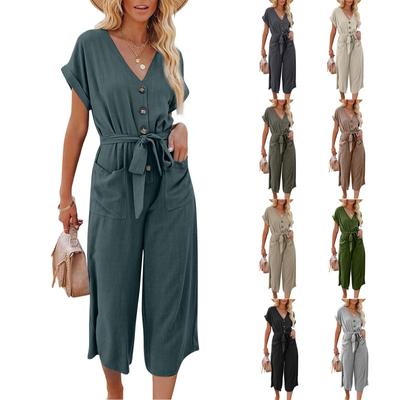 (Qunide) Women Summer Fashion Button Belted Wide Leg Jumpsuits With Pockets Solid Color Short Sleeves V Neck