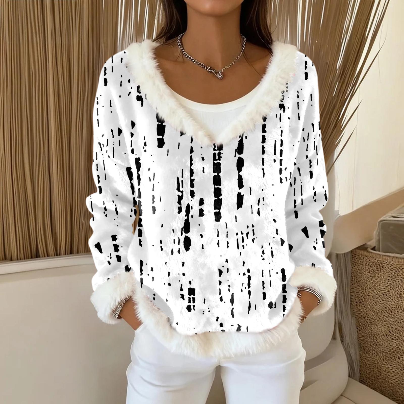 

Женский модный плюшевый пуловер с V-образным вырезом, футболка с длинным рукавом, с принтом M белый