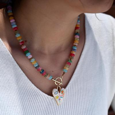Handgefertigte Retro Mais-Buntglas Herz Anhänger Halskette mit Perlen Choker für Damen