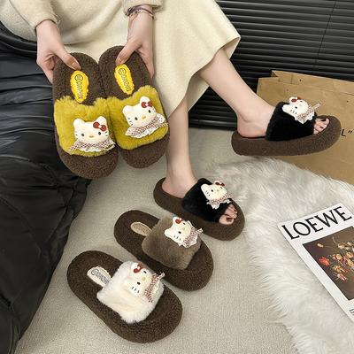 Fleece warme flauschige Hausschuhe Ein-Wort-Schlepp Internet-Berühmtheit Mode Cartoon Hello Kitty Baumwollhausschuhe Damen 2025 Herbst und Winter neu