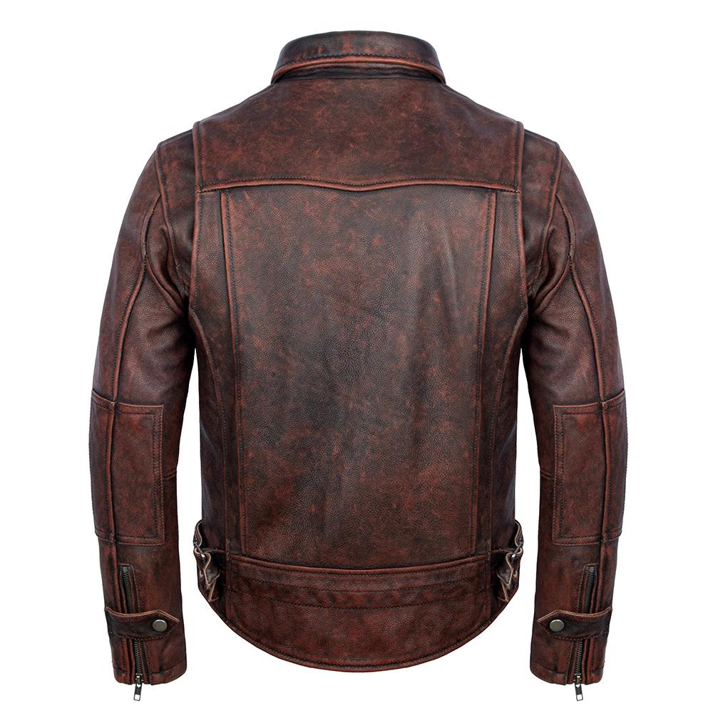Men's Leather Jacket Vintage Red Brown Real Cow Leather CoatTurn Down Collar Spring Autumn